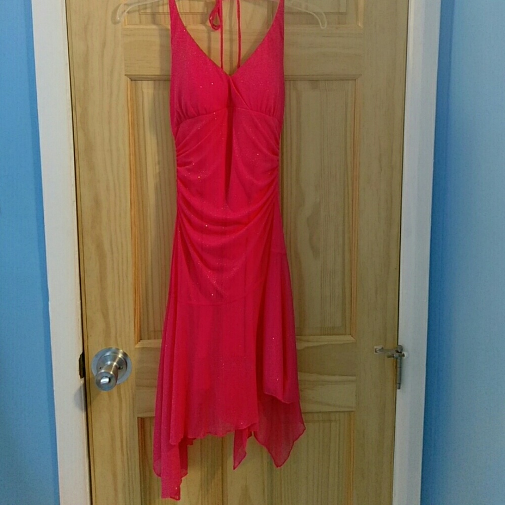 Knee length coral colored cocktail dress